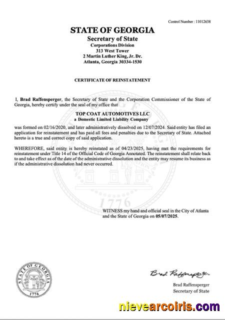 USA Georgia certificate of reinstatement